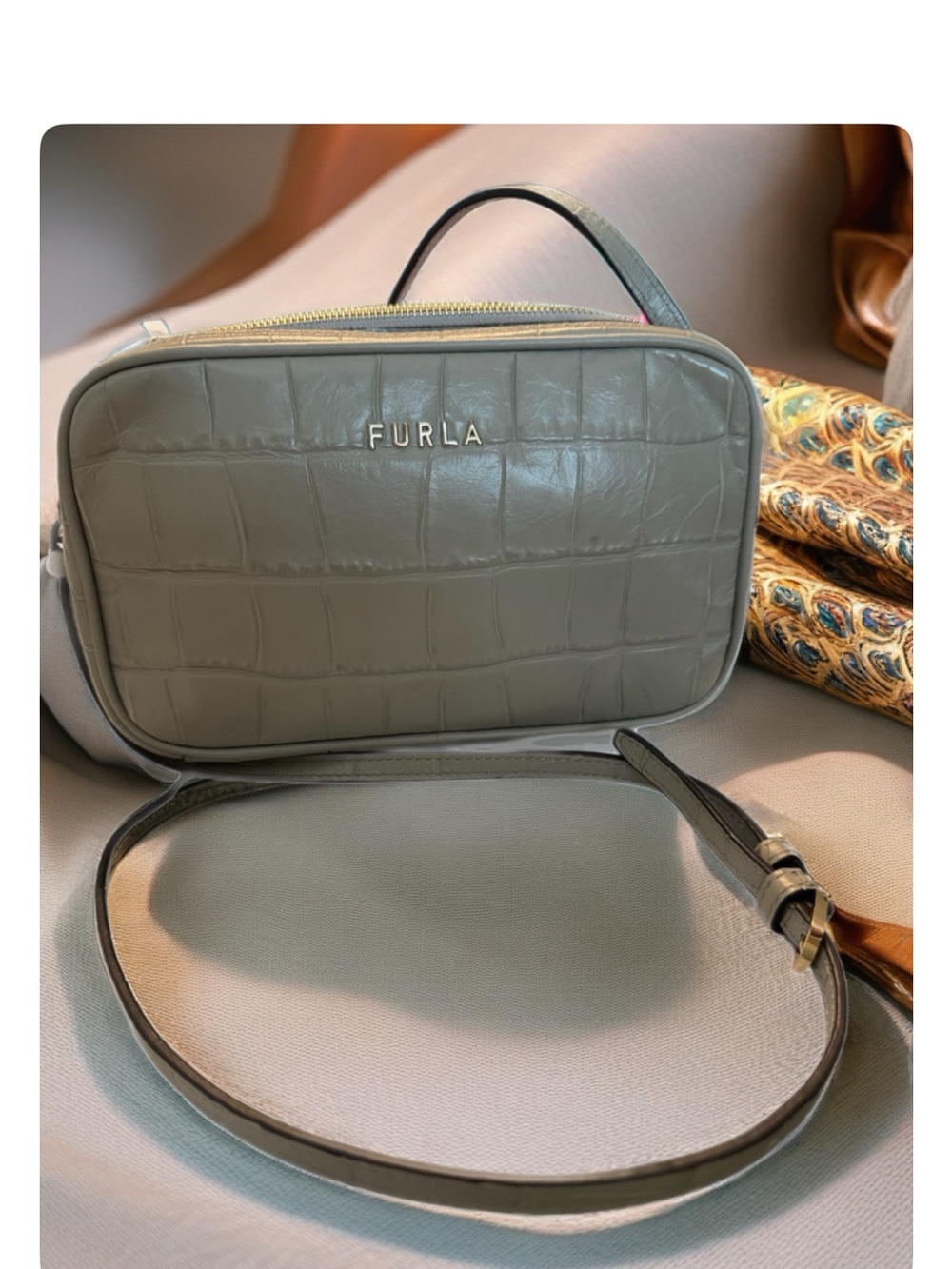 Furla Croc-Embossed Taupe Leather Crossbody with Gold Logo